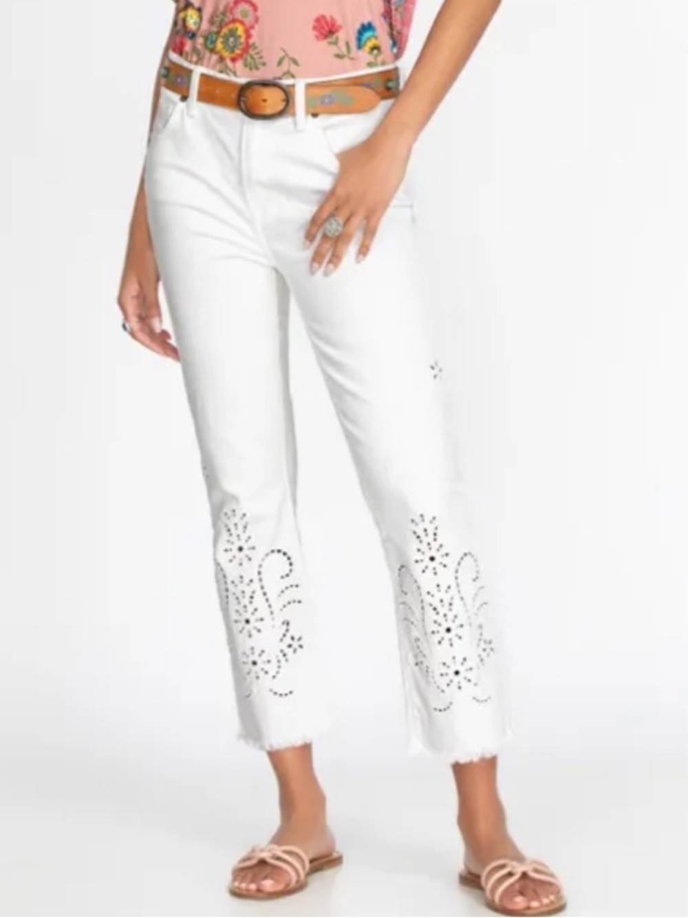 Johnny Was Jeans The Cropped Baby Boot Embroidered Eyelet Flare Boho White 30